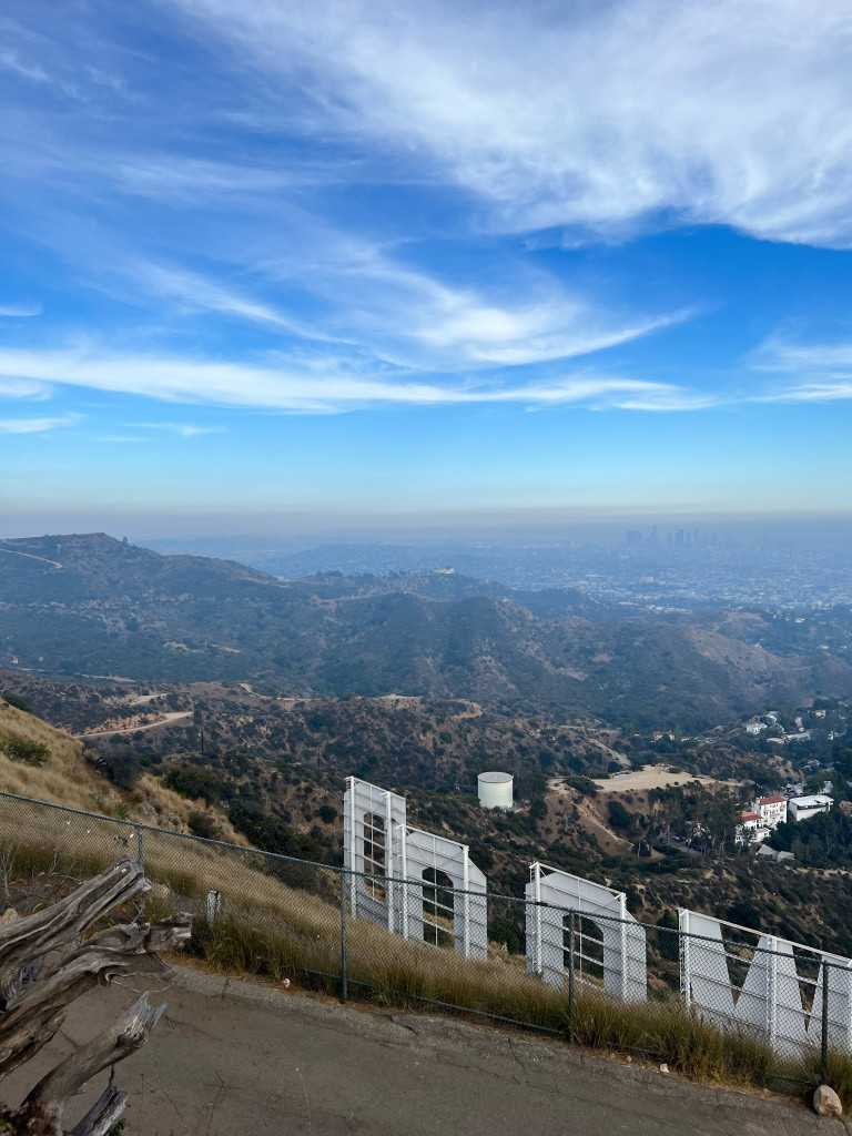 A view of Los Angeles looking through the Hollywood sign.